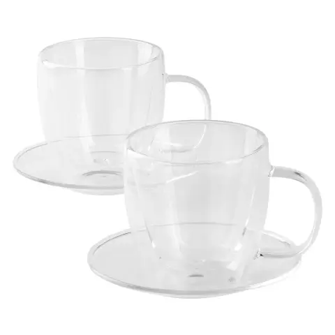 PIGNA MINI — Set od dve staklene šolje sa tacnama za espresso sa dvostrukim zidom, 2 x 100 ml